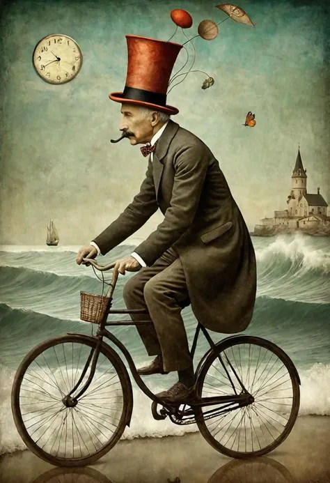 Neo Surrealism, by Gabriel Pacheco and Max Ernst, , magical realism bizarre art, pop surrealism, like Alice in wonderland, whimsical art. Generate an illustration of a painting of a man with hat riding an old fashioned bicycle on the waves, inspired by Catrin Welz-Stein.