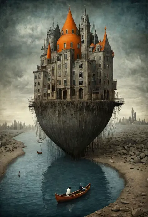 Neo Surrealism, overwhelmed by reason, by Gabriel Pacheco and Max Ernst, existential residues dark shines surrealism, deep blue, gray and orange color scheme, fantasy Victorian art, magical realism bizarre art, pop surrealism, like Alice in wonderland, whimsical art. Climate Change Apocalypse: A submerged cityscape, partially submerged under rising tides, with skyscrapers half-drowned and choked by encroaching waters.