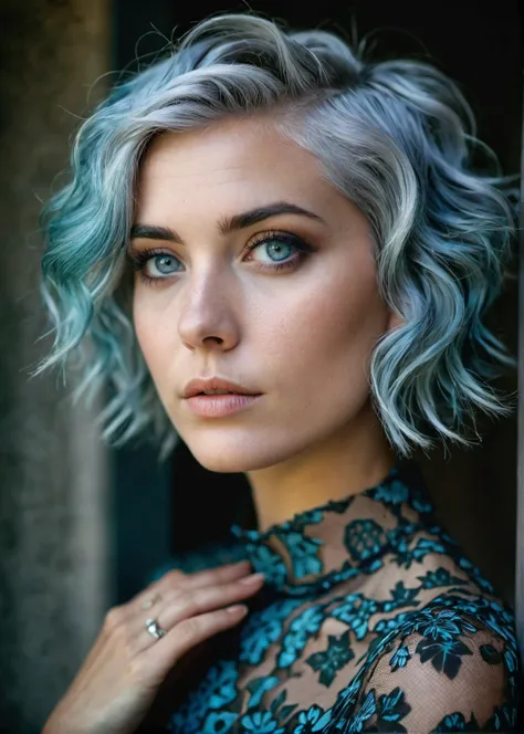 RAW Photography, a beautiful lady,short light blue hair, creative hairdo, beautiful gray eyes, dust particles caught in the light