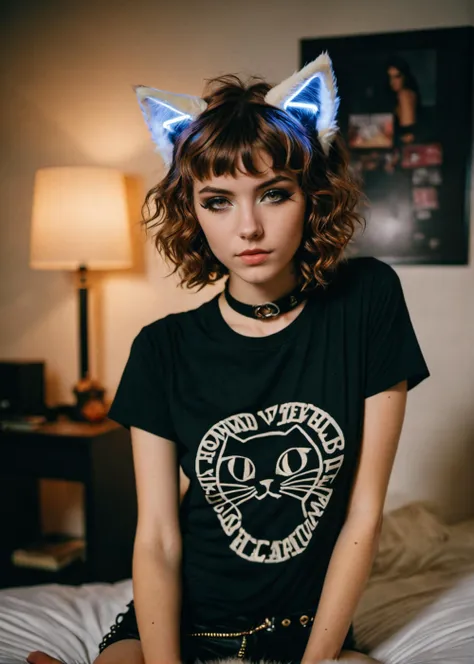 (analog photo:1.1), (a punk catgirl:1.15), (cat ears:1.1), brown short curly hair, (black t-shirt:1.15), (20 years old, young:1.2), petite, (pubic hair:1.1), choker, cream eyeliner, european, cozy bedroom, (neon glow, cyberpunk:1.2), waves, warm colors, (inviting expression:1.05), RAW Photograph, dslr, soft lighting, high quality, film grain, Fujifilm XT3, (nsfw:1.1), insane details, masterpiece, 8k, 35mm photograph, dslr, kodachrome, vignette, vintage, Kodachrome, Lomography, stained, highly detailed, found footage