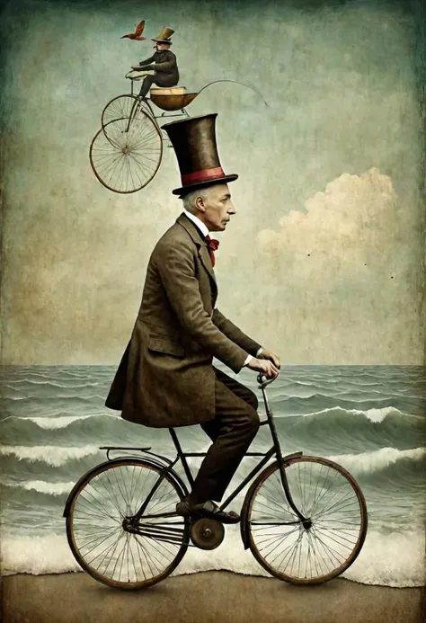 Neo Surrealism, by Gabriel Pacheco and Max Ernst, , magical realism bizarre art, pop surrealism, like Alice in wonderland, whimsical art. Generate an illustration of a painting of a man with hat riding an old fashioned bicycle on the waves, inspired by Catrin Welz-Stein.