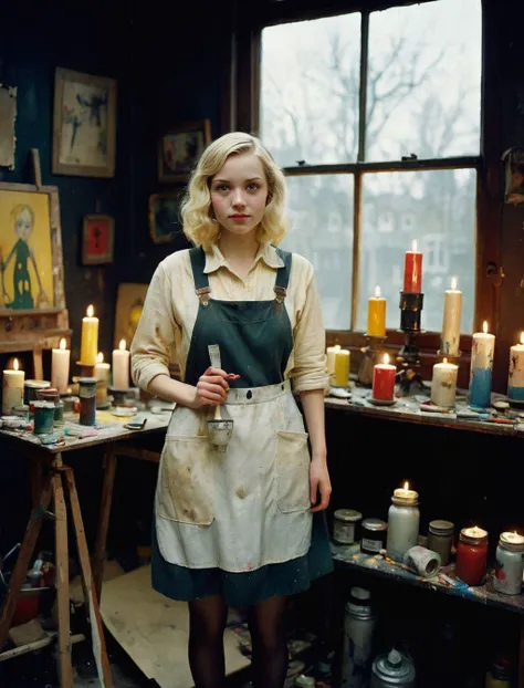 Berlin 1920s, a cute 20 year old blonde petite artist woman, pale white skin, wearing painters work clothes covered in paint. Warm cozy interior light. In in her painters studio. Highly Visible,realistic dark colors, Analog Style,Kodak Portra 800 Film, 20mm f/0.9 lens, Wide Angle Shot., Symmetrical Composition, Whimsical yet Numb., Quirky Character Designs, Dollhouse Aesthetics,dark background,silhouette,dark theme,,candle lights, natural light through small windows