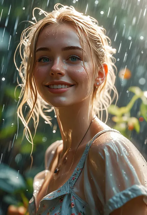 realistic, cute woman with pinned up blonde hair, smile, alluring eyes, nose piercing, long legs, cleavage, wearing tiny shorts, tiny shirt, garden, raining, playing in the rain, wet hair, wet clothes, see through shirt, arms open, chin up, best quality masterpiece, detailed, detailed hands, 8k, shallow depth of field, broad light, high contrast, backlighting, bloom, light sparkles, chromatic aberration, sharp focus, RAW color photo, <lora:MJ52:0.6> <lora:add-detail-xl:0.8>