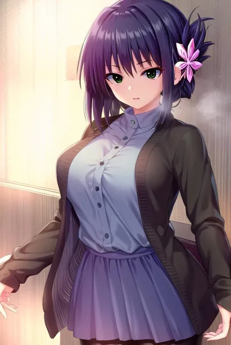 sugumitorino, <lyco:sugumitorino-lyco-nochekaiser:1>,
sugumi torino, hair ornament, (green eyes:1.5), purple hair, hair flower, folded ponytail,
BREAK dress, pantyhose, blue dress, cardigan, long sleeves,
BREAK looking at viewer, full body,
BREAK indoors,
BREAK <lyco:GoodHands-beta2:1>, (masterpiece:1.2), best quality, high resolution, unity 8k wallpaper, (illustration:0.8), (beautiful detailed eyes:1.6), extremely detailed face, perfect lighting, extremely detailed CG, (perfect hands, perfect anatomy),