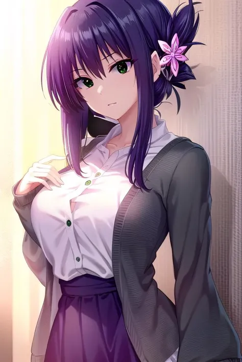 sugumitorino, <lyco:sugumitorino-lyco-nochekaiser:1>,
sugumi torino, hair ornament, (green eyes:1.5), purple hair, hair flower, folded ponytail,
BREAK dress, pantyhose, blue dress, cardigan, long sleeves,
BREAK looking at viewer, full body,
BREAK indoors,
BREAK <lyco:GoodHands-beta2:1>, (masterpiece:1.2), best quality, high resolution, unity 8k wallpaper, (illustration:0.8), (beautiful detailed eyes:1.6), extremely detailed face, perfect lighting, extremely detailed CG, (perfect hands, perfect anatomy),
