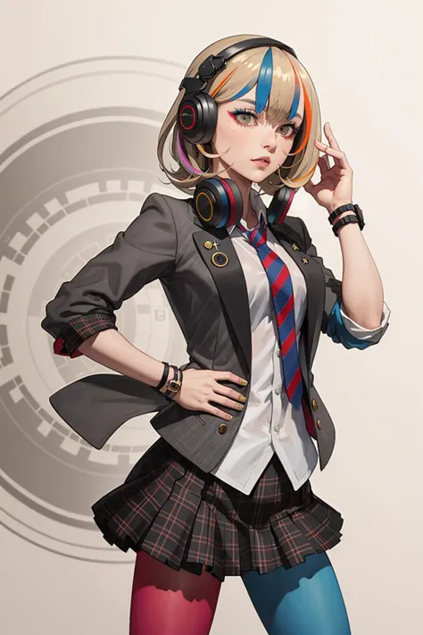 best quality, masterpiece, 1girl, solo <lora:waccaLiz-000100:0.9>, elizabeth (wacca), headphones, multicolored clothes, necktie, jacket, plaid skirt, pantyhose