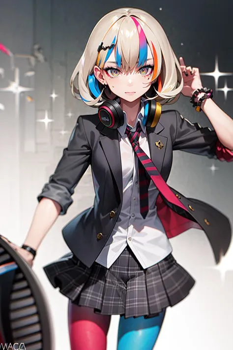 best quality, masterpiece, 1girl, solo <lora:waccaLiz-000100:0.9>, elizabeth (wacca), headphones, multicolored clothes, necktie, jacket, plaid skirt, pantyhose