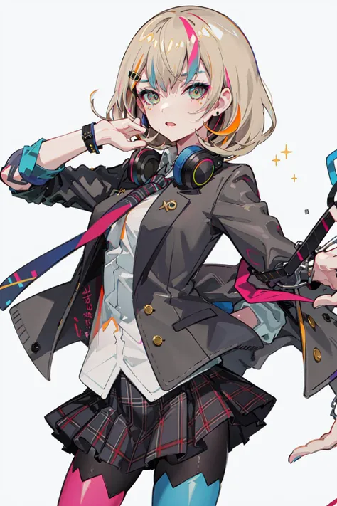 best quality, masterpiece, 1girl, solo <lora:waccaLiz-000100:0.9>, elizabeth (wacca), headphones, multicolored clothes, necktie, jacket, plaid skirt, pantyhose