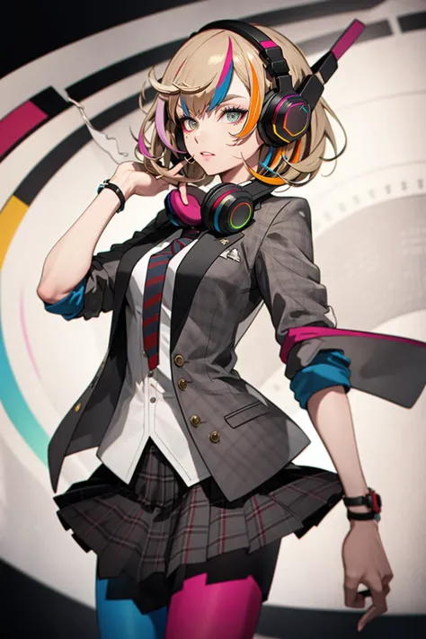 best quality, masterpiece, 1girl, solo <lora:waccaLiz-000100:0.9>, elizabeth (wacca), headphones, multicolored clothes, necktie, jacket, plaid skirt, pantyhose