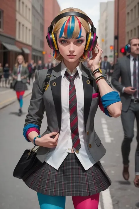 best quality, masterpiece, 1girl, solo <lora:waccaLiz-000100:0.9>, elizabeth (wacca), headphones, multicolored clothes, necktie, jacket, plaid skirt, pantyhose