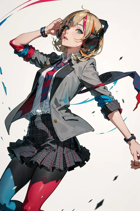 best quality, masterpiece, 1girl, solo <lora:waccaLiz-000100:0.9>, elizabeth (wacca), headphones, multicolored clothes, necktie, jacket, plaid skirt, pantyhose