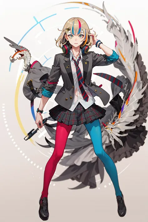 best quality, masterpiece, 1girl, solo <lora:waccaLiz-000100:0.9>, elizabeth (wacca), headphones, multicolored clothes, necktie, jacket, plaid skirt, pantyhose