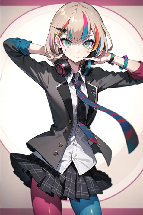 best quality, masterpiece, 1girl, solo <lora:waccaLiz-000100:0.9>, elizabeth (wacca), headphones, multicolored clothes, necktie, jacket, plaid skirt, pantyhose