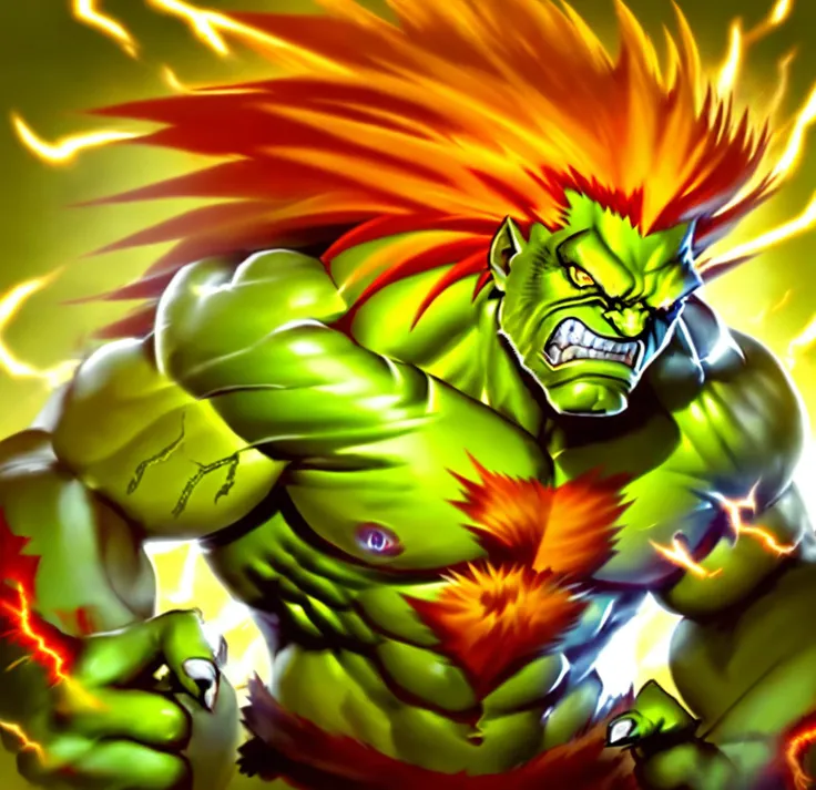 yellow eyes, muscular, hair slicked back, hand up, 1boy, clenched teeth, fingernails, sparks, male focus, green skin, electricity, solo, colored skin, teeth, red hair, looking at viewer, long hair, upper body, angry, blanka  <lora:BlankSF2V1Lora:0.8>