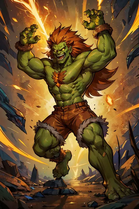 blanka, green skin, muscular, long orange hair, teeth, abs, sharp teeth, light brown shorts with fur, monster man, hair on arms, looking serious, evil grin, dynamic shot, 
action pose, arms raised, surrounded by electricity, powering up, yellow aura, illustration, fractal art,  high quality, masterpiece, <lora:BlankSF2V6Lora:.4>