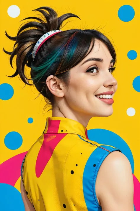 (pop art, vibrant colors, iconic, bold outlines, dotted:1.2) (eye level, headshot:1.2) <lora:GiusyMeloni_v1:.9> GiusyMeloni , smiling, from behind,4:: she is wearing habit , her hair is styled as layered cut, BREAK she is (in the family room:1.1), hash flash lighting, shot on Lumix GH5, vibrant colors ,