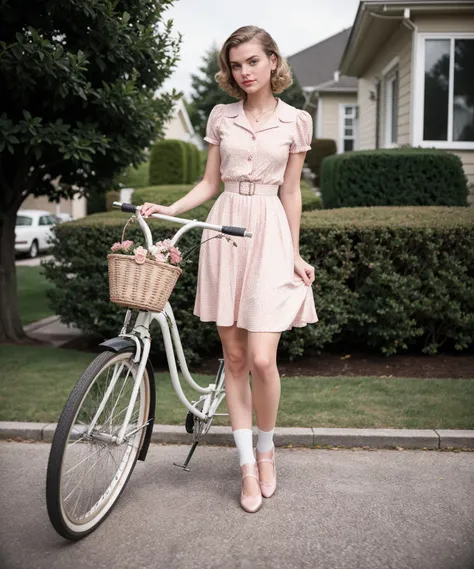 1950s Suburbia \(style\) photo of 20 year old jp-katiaFinal-2600 ,Soft curls, light eyeliner, pink lips, Polka dot dress, white ankle socks, ballet flats, Picket fence, manicured lawn, bicycle with basket, Canon EOS 5D Mark IV, 50mm f/1.8, 1/100s, ISO 160, Fujifilm Provia 100F