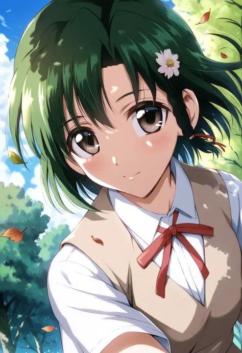 <lora:ichijou_karen_ponyxl_v3:0.8>, ichijou karen, solo, green hair, side braid, eye focus, grey eyes, brown eyes, looking at viewer,
school uniform, brown vest, white shirt, collared shirt, short sleeves, red ribbon, neck ribbon, red skirt, pleated skirt,
outdoors, tree, falling leaves, blue sky, cloudy sky,
score_9, score_8_up, score_7_up, score_6_up, anime coloring, (hara \(harayutaka\):0.5), (m-da s-tarou, asou \(asabu202\):0.5), high quality, detailed, beautiful, shiny, outstanding, countershading, detailed soft lighting