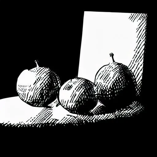 nature morte, fruit on a table, old, (drawing on white background:1.2)<lora:CrossHatch_V1:1>, black and white inked drawing,