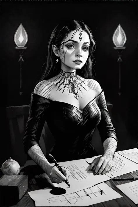 <lora:crosshatch:0.6>, black and white inked drawing, court astrologer woman || <lora:crosshatch:0.2>, black and white inked drawing, masterpiece, 8k, high resolution, shallow depth of field, sharp focus