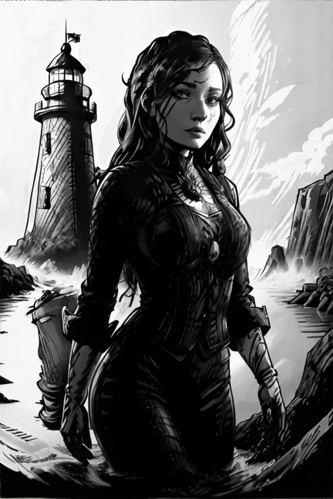 <lora:crosshatch:0.6>, black and white inked drawing, lighthouse keeper woman  || <lora:crosshatch:0.2>, black and white inked drawing,  masterpiece, 8k, high resolution, shallow depth of field, sharp focus