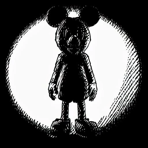 mickey mouse  (drawing on white background:1.2)<lora:CrossHatch_V1:1>, black and white inked drawing,