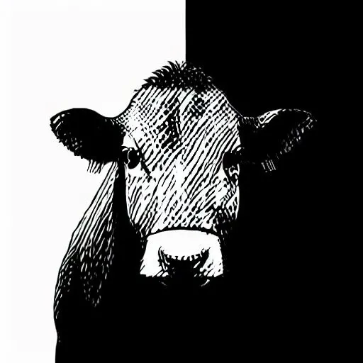 cow drawing, (white background:1.2), <lora:CrossHatch_opti:1>, black and white inked drawing,