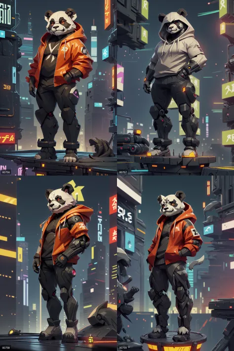 (a (cyborg:0.7) chinese giant (panda:1.1) male (furry:1.3) is standing solo with hand in pocket, He has an animal head, mechanical arms and hands, mechanical legs and boots, He is wearing a short sleeves (red:1.1) hoodie with both proud and serious on his face, He is looking afar from rooftop, and city below:1.1), His eyes are black and shine, BREAK, realistic, illustration, painting, cyberpunk, science fiction, night