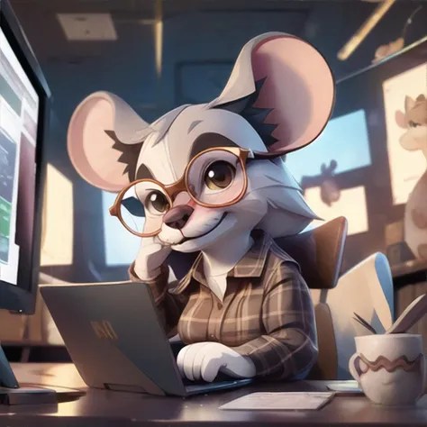 cute anthropomorphic mouse, using computer, wearing glasses and flannel shirt, <clip:skip:2>, masterpiece, 8k, high resolution, shallow depth of field, sharp focus
