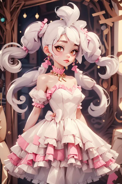 (best quality, masterpiece), 1girl, cozy , pink printed sweet kawaii ballgown, frills, puffy sleeves, bare shoulders, freckles, ((twintails , white hair):1.2), ,