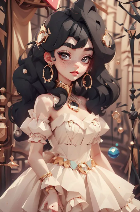 (best quality, masterpiece), 1girl, cozy , white printed sweet kawaii ballgown, frills, puffy sleeves, bare shoulders, freckles, ((wavy hair , black hair):1.2), ,