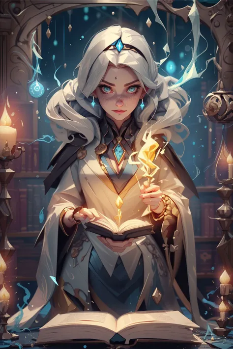 best quality, masterpiece, (realistic:0.6), realistic lighting, bloom, shiny skin, 1 girl, woman, breasts, freckles, (looking down:1.3), solo, upper body, detailed background, green eyes, silver sleek hair, detailed face, evil summoner, tattered Mustard Yellow magical robes, (grin:0.8), crimson color scheme, dark crimson light, summoning circle, bookshelves, glowing magical text, dark atmosphere, shadows, realistic lighting, floating particles, sparks, surrounded by blue lightning ,casting spell, summoning, blue arcane symbols, corrupted by eldritch power, power-hungry eyes, dark fantasy theme, chmk,