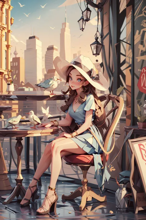1girl, hat, chair, sitting, city, dress, bird, long hair,sky, scenery, table, cityscape, vanishing point,