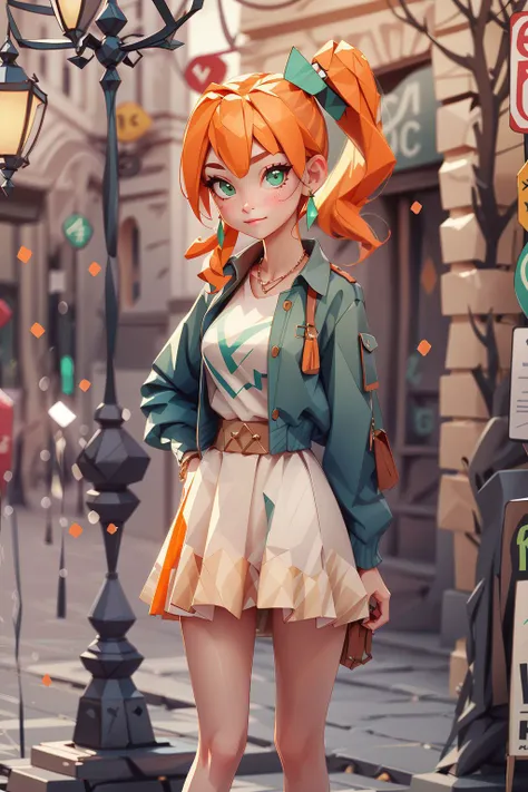 1girl, standing, orange hair, green eyes, side ponytail, shy face