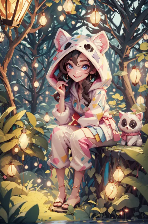 3dmm style, 8K, (masterpiece*high detailed*highres), sharp focus, Natural volumetric lights, soft lighting, animal_onesie, fuzzy_onesie, hood, animal_kigurumi, brown_eyes, black_hair, smiling, looking_at_viewer, symmetric_eyes, detailed_eyes, outdoor, forest, string_lights in trees, night, fireflies, evening, barefoot, view_from_above, <lora:3DMM_V11:0.8>