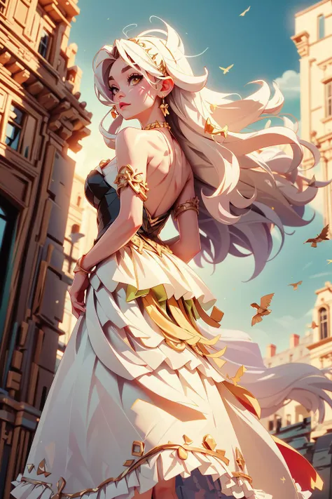 <(photorealistic:1.4), (extremely intricate:1.2)>, pale skin, 1girl, solo, dress, bird, black dress, backless dress, white hair,long hair, wave hair, holding dress, (long skirt:1.3), floating dress, wind, cloud, day, sky, spring, (from below,from behind:1.3), looking up, facing away, BREAK, <(exquisitely detailed skin), cinematic light, ultra high res, 8k uhd, film grain, perfect anatomy, best shadow, delicate, RAW>,