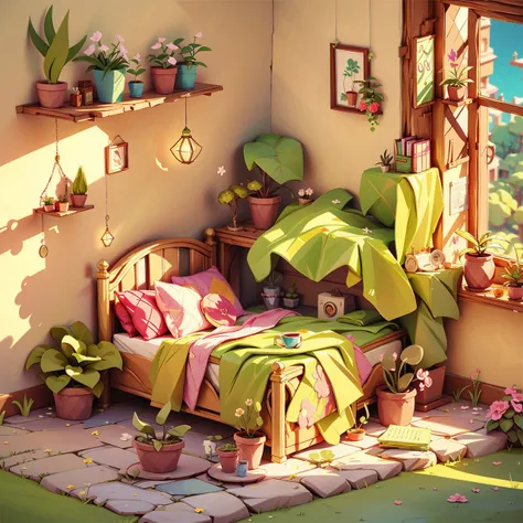 ,, isometric view, micro room, clay material, isometric room, cute cartoon room, couch, flower, flower_pot, leaf, no_humans, plant, bed, desk,computer,