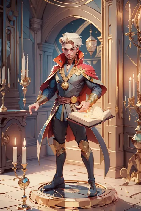 (masterpiece, best quality:1.3), 1boy, gold hair, solo, doctor strange (series), magic circle, magic book, candle, full body, Super many details, 3d, Classical castle , Complex background,