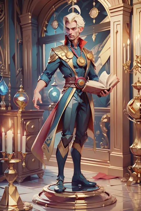 (masterpiece, best quality:1.3), 1boy, gold hair, solo, doctor strange (series), magic circle, magic book, candle, full body, Super many details, 3d, Classical castle , Complex background,