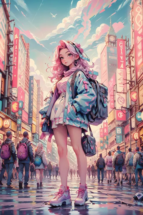 1girl, full body, jacket, backpack, modern city, pastel colors, pink and white, looking at viewer, crowd, cloudy sky, 
 <lora:Qmmˌr Pastel Colors_v1.0:0.66>