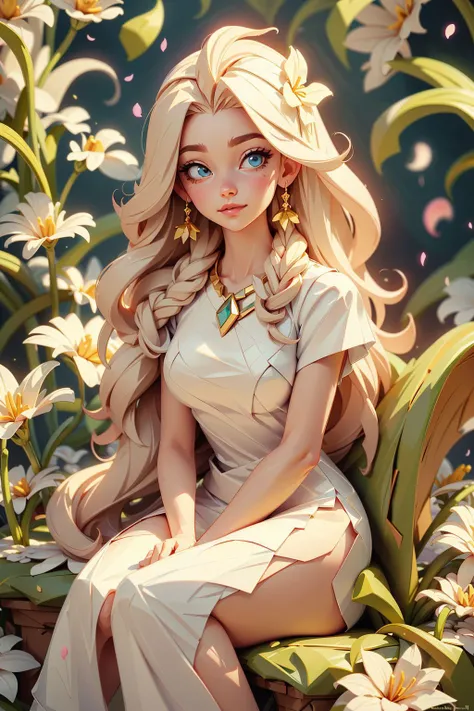 masterpiece,best quality,extremely detailed CG unity 8k wallpaper,.(pure:1.3), (serene:1.1), (ethereal:1.1), 1girl, (white attire:1.3), (long flowing hair:1.2), (pale skin), (blue eyes:1.1), (gentle smile), (graceful), (sitting pose:1.2), (delicate hands), (gossamer dress:1.1), (luminous), (soft lighting:1.3), (tranquil setting), (garden background:1.2), (flower petals), (white lilies:1.2), (peaceful), (subtle glow), (radiant beauty), (youthful), (enchanting:1.3), (dreamlike), (whimsical), (calm), (harmony), (gentle breeze:1.1), (soft shadows), (sunlight streaming:1.2), (glistening), (timeless elegance), (heavenly), (floating hair), (effortless grace), (spiritual), (otherworldly:1.2), (celestial), (divine), (captivating), (alluring), (reverent), (humble), (compassionate), (painterly), (mesmerizing), (inspiring) ,cowboy shot, . ,