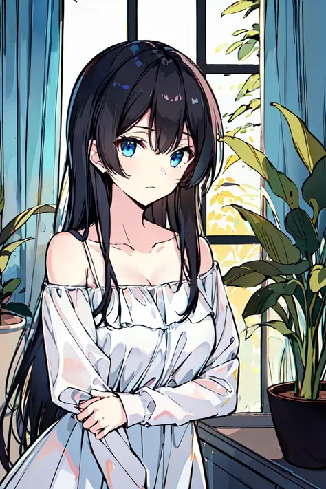 <lora:may:0.8>1girl, solo, long hair, blue eyes, window, plant, collarbone, black hair, closed mouth, bangs, long sleeves, dress, indoors, off shoulder, potted plant, curtains, breasts, upper body, white dress