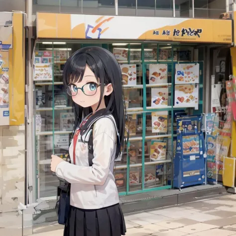best quality, ultra-detailed, illustration,
1girl, glasses, black hair, long hair, school uniform, school bag, blush, looking at viewer,
kamadoya, storefront, scenery, poster (object), shop, food, tiles, tile floor, outdoors, sign,
<lora:kamadoya_SD15_V1:1>