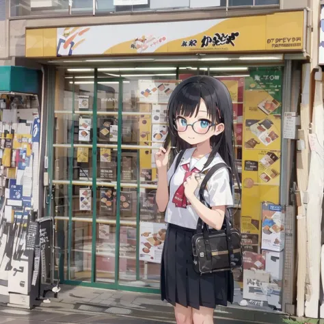 best quality, ultra-detailed, illustration,
1girl, glasses, black hair, long hair, school uniform, school bag, blush, looking at viewer,
kamadoya, storefront, scenery, poster (object), shop, food, tiles, tile floor, outdoors, sign,
<lora:kamadoya_SD15_V1:1>
