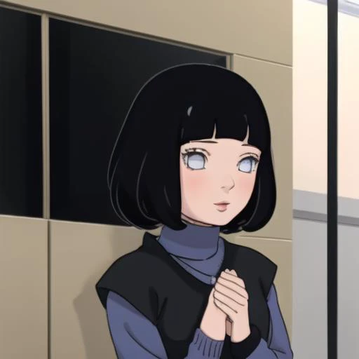hinakemoto, 1girl, "black dress", blue sweater, "long blue sleeves", <lora:hinata2-06:1>