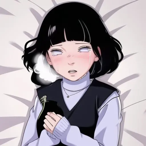 hinakemoto, 1girl, <lora:hinata2-04:1>, "black hair", side view, ((full body)), vest, blushing, blue sleeves, crying, ((lying))