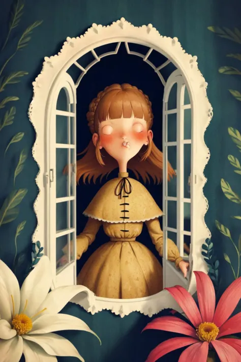 (solo:1.1), 1girl, standing, yellow hair, wispy bangs, (french braid), (beige Victorian clothes:1.1), (in front of window, Goat's_Beard \(flower\), blooming flowers, plants, trees), mystic <lora:nursery_rhymes_style_v03.05.04.01-4:1>