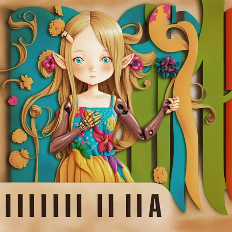 cover, forehead, curly hair, long hair, blonde hair, straight hair, long hair, elf, 1girl, (cyborg:1.5), pose, floral print, casual dress, vegetable background, abstraction, colourful, <lora:nursery_rhymes_style_v03.05.04.01-4:1> , <lora:Kui_Ryouko_style_v03.15.15.01:0.8>