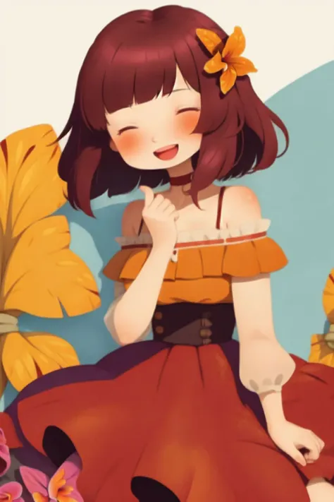 (1girl, solo:1.1), :D, multi-tied hair, breasts, orange Shirt_dress - This is a longer version of the shirt with collar and an opening in the front full or partial., Dendrobium_Orchid \(flower\) <lora:nursery_rhymes_style_v03.05.04.01-4:1>