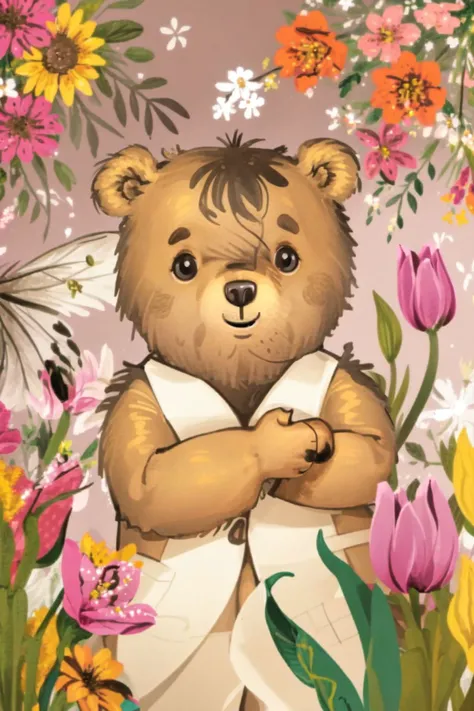 bear, no humans, solo, looking at viewer, smile, day, Tulip \(flower\), floral background <lora:nursery_rhymes_style_v02.08:1>